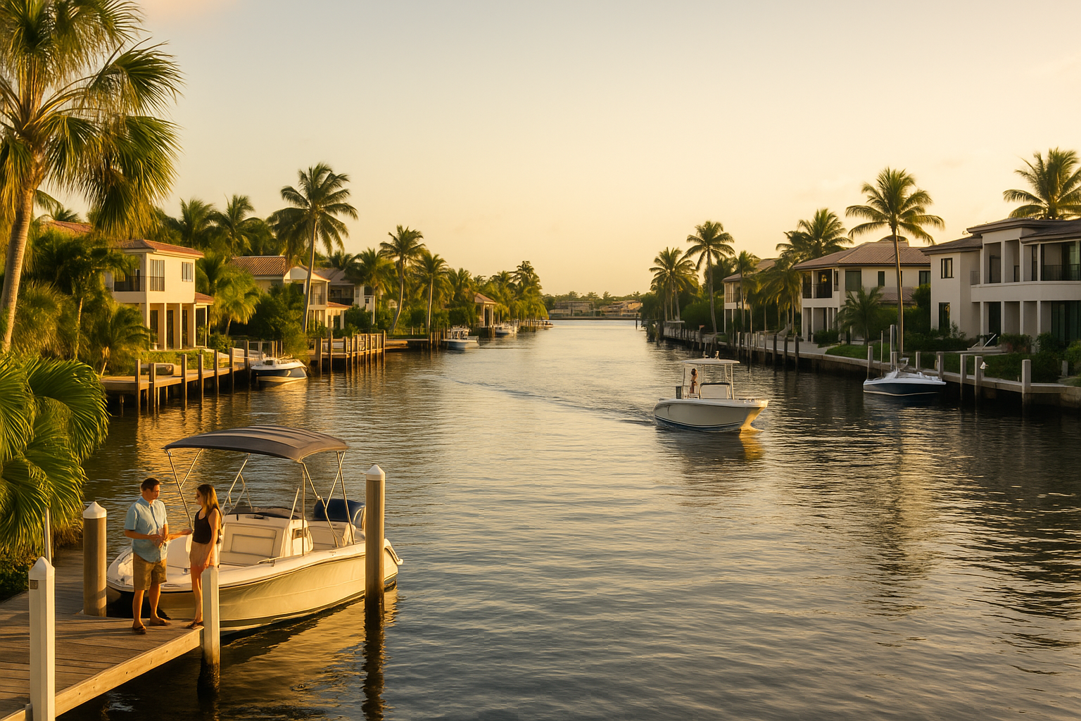 Waterfront homes on a Fort Lauderdale canal in Bal Harbour at golden hour with boats and two people on a dock