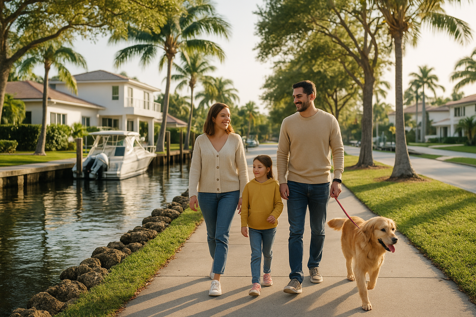 Family walking a dog on a quiet Bal Harbour canal street with boats and waterfront homes in the background